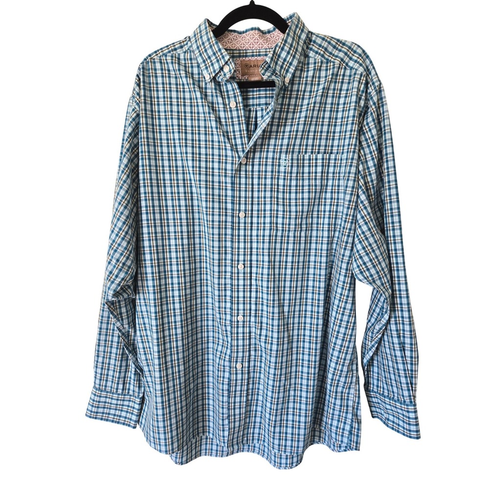 Ariat Mens Large Button Front Shirt Blue Plaid Wrinkle Free Long Sleeve Cotton